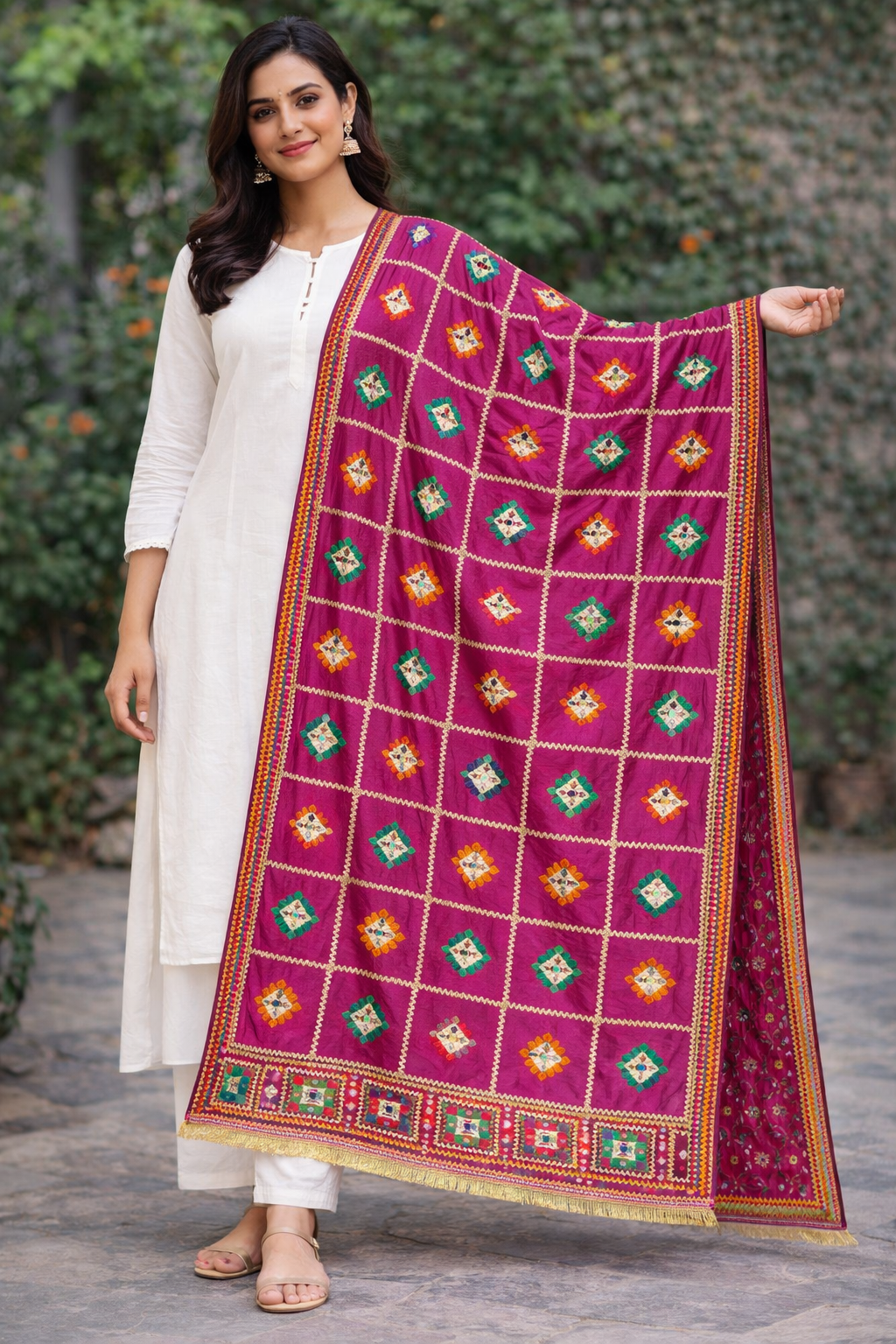 Heavy Magenta Phulkari Dupatta with Mirror & Multicolor Thread Work
