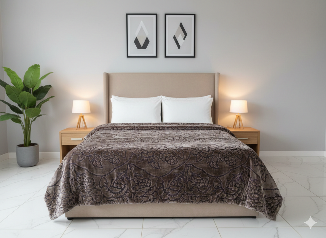 Premium 3-Layer Embossed Fleece Blanket – Heavy Winter Double Bed Blanket (Brown Floral)