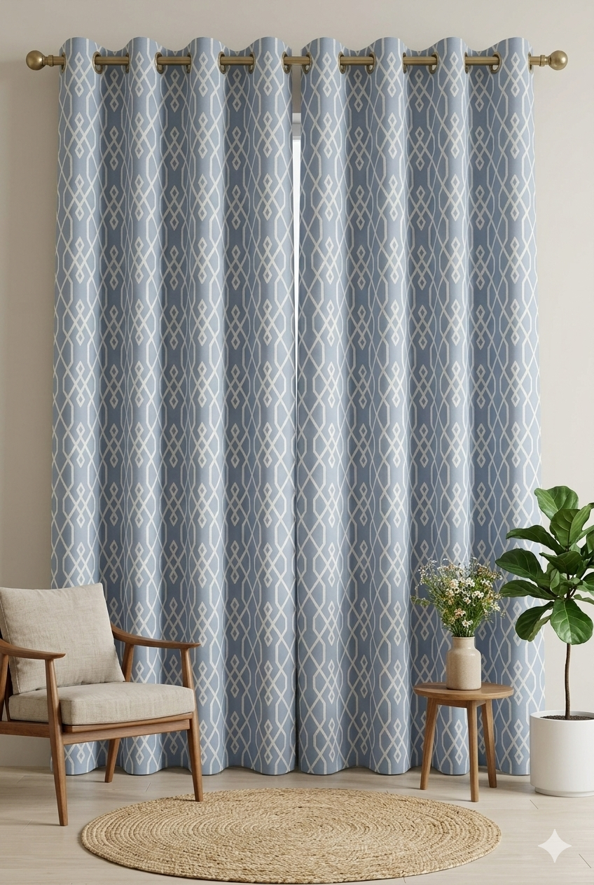 Blue Geometric Pattern Curtain Fabric | Custom Length | Sold Per Metre
