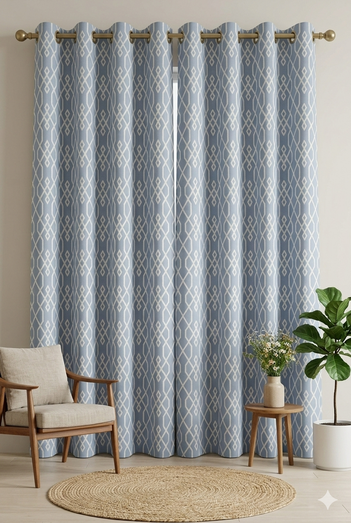 Blue Geometric Pattern Curtain Fabric | Custom Length | Sold Per Metre