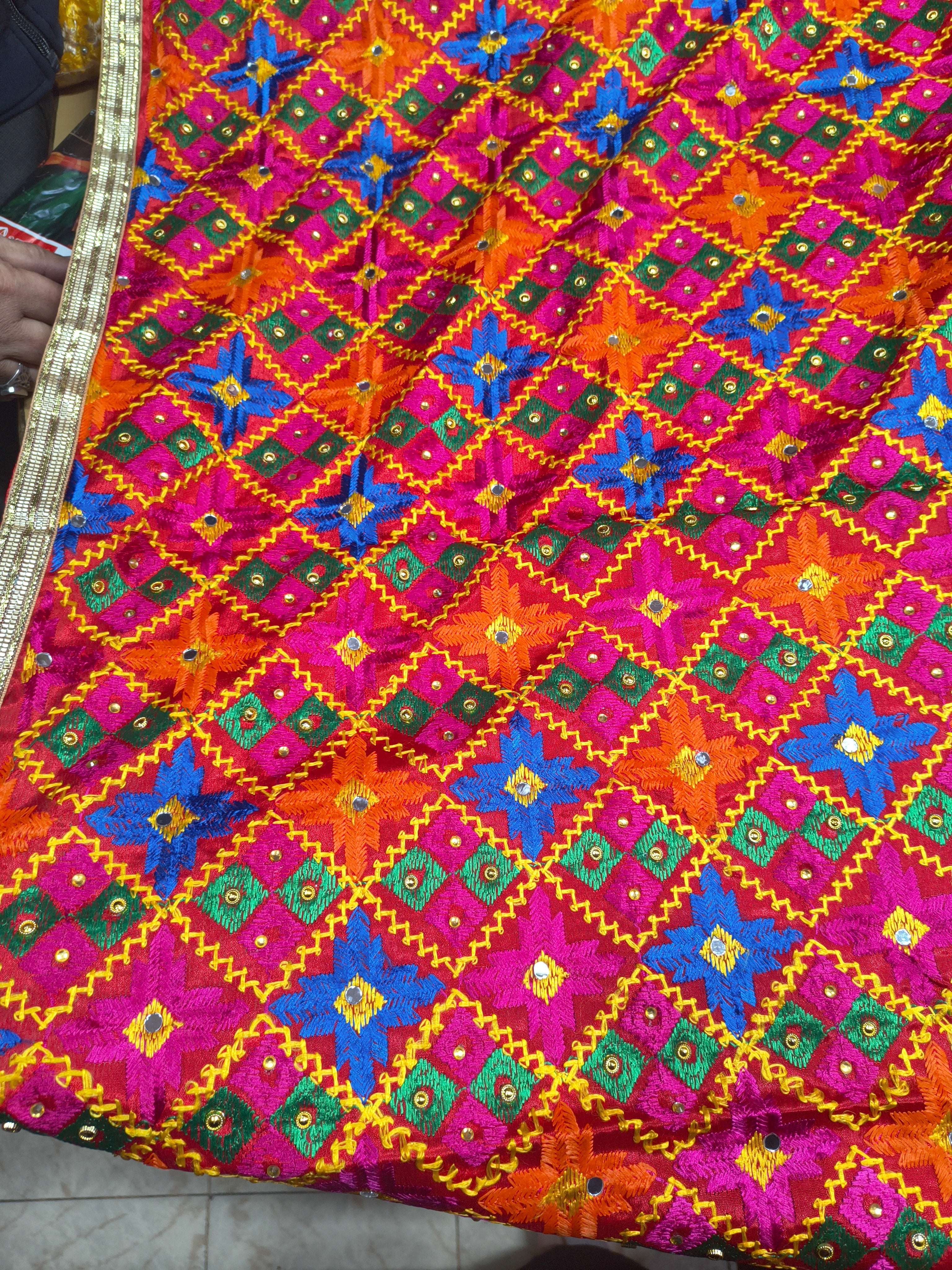 Handcrafted Multicolor Phulkari Dupatta with Golden Border