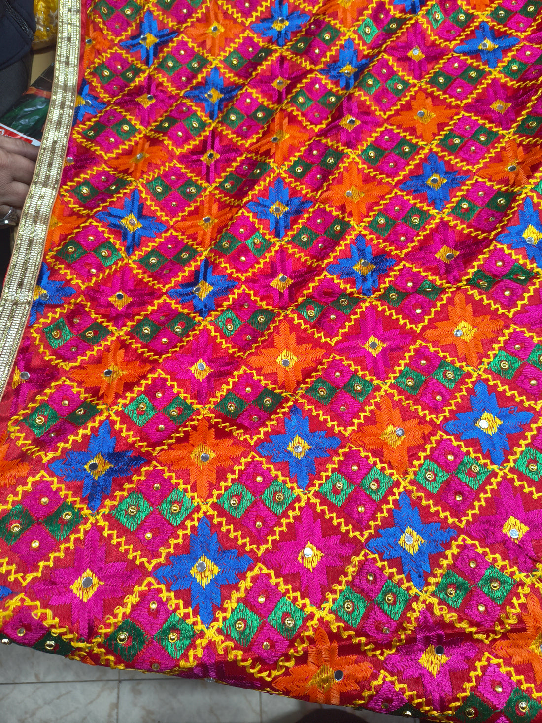 Handcrafted Multicolor Phulkari Dupatta with Golden Border