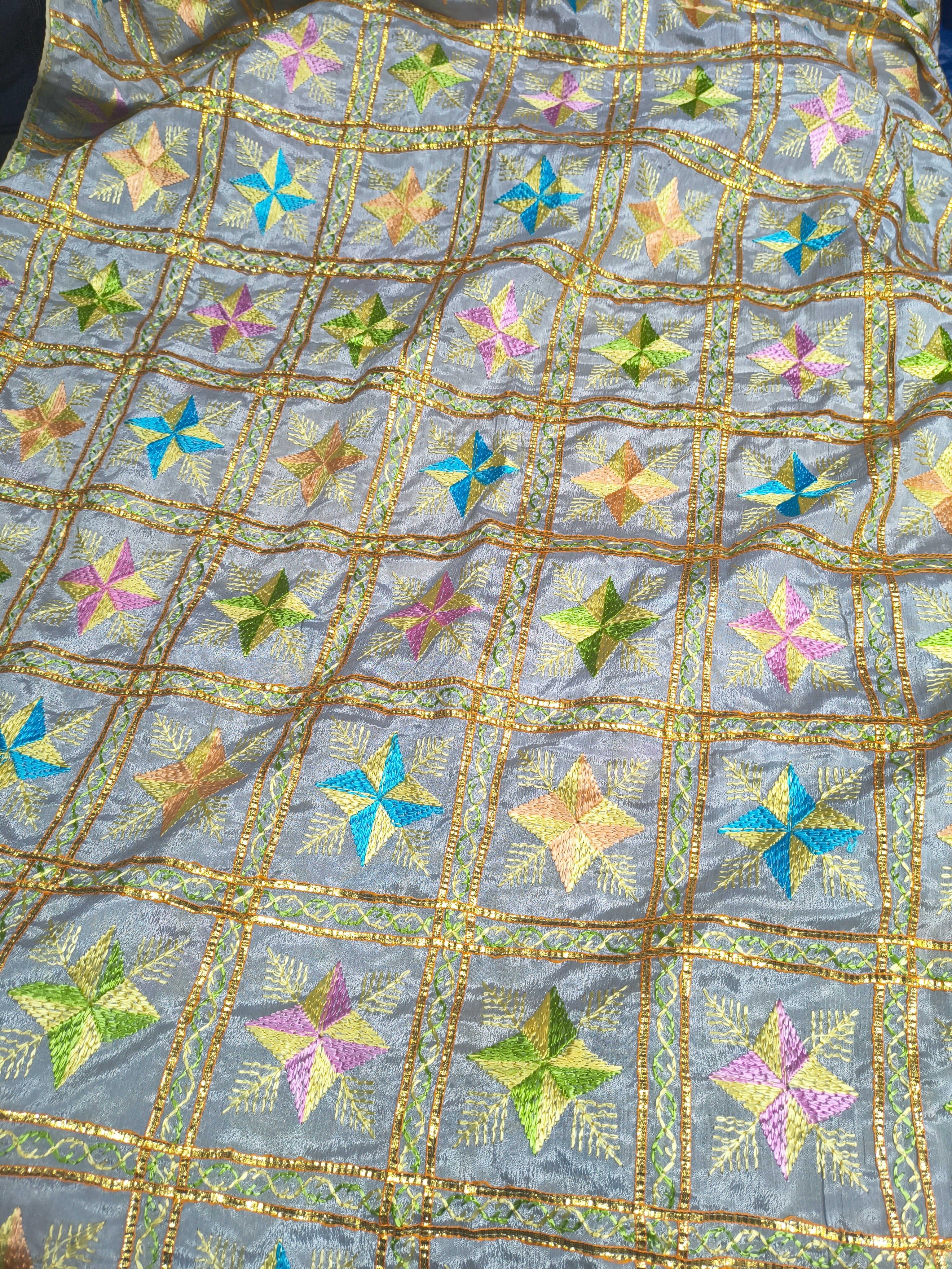 Pastel Grey Multicolor Phulkari Dupatta with Golden Thread Embroidery