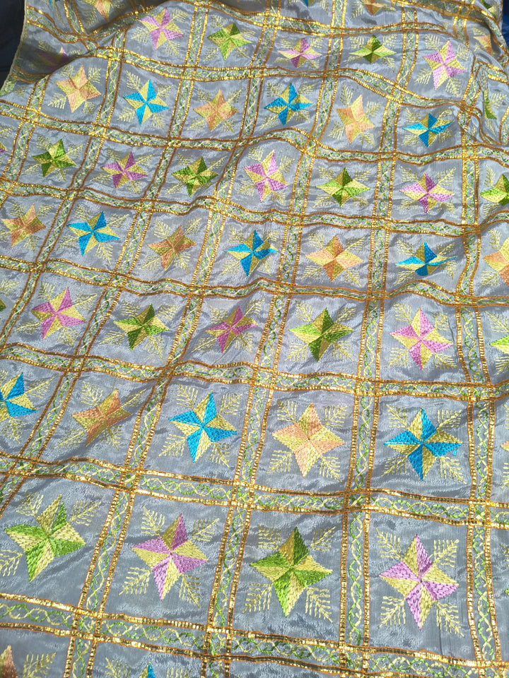 Pastel Grey Multicolor Phulkari Dupatta with Golden Thread Embroidery