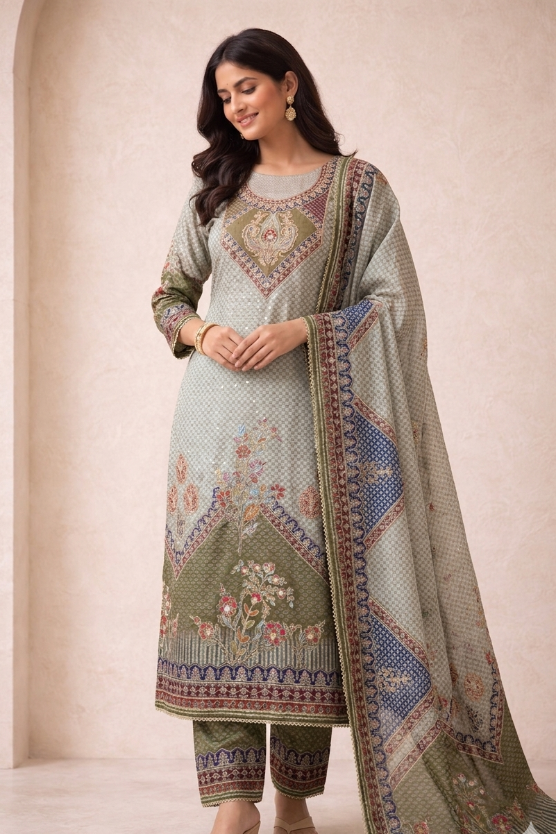 Olive Green Printed Crepe Unstitched Suit Fabric Set with Designer Dupatta