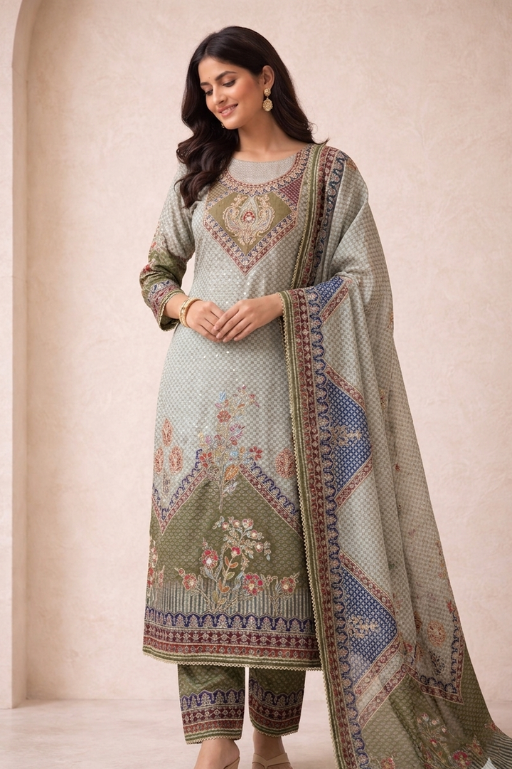 Olive Green Printed Crepe Unstitched Suit Fabric Set with Designer Dupatta