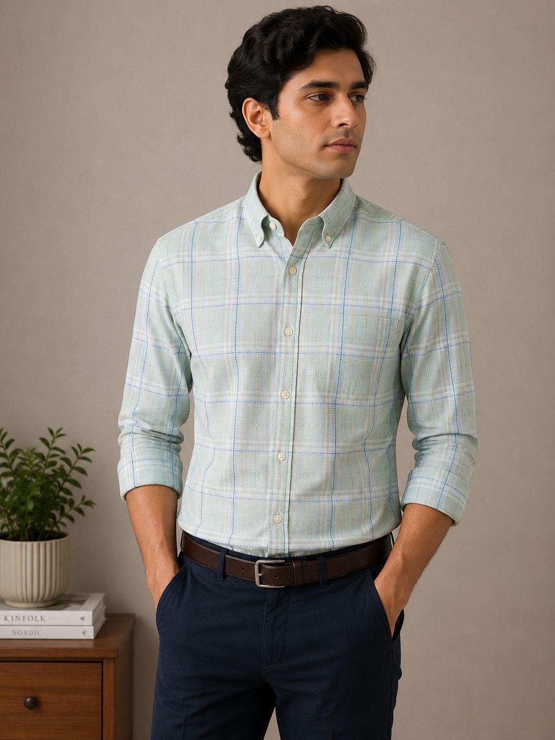 Raymond Mint Green Windowpane Checks Unstitched Shirt Fabric 1.60 Meter Premium Cotton Blend