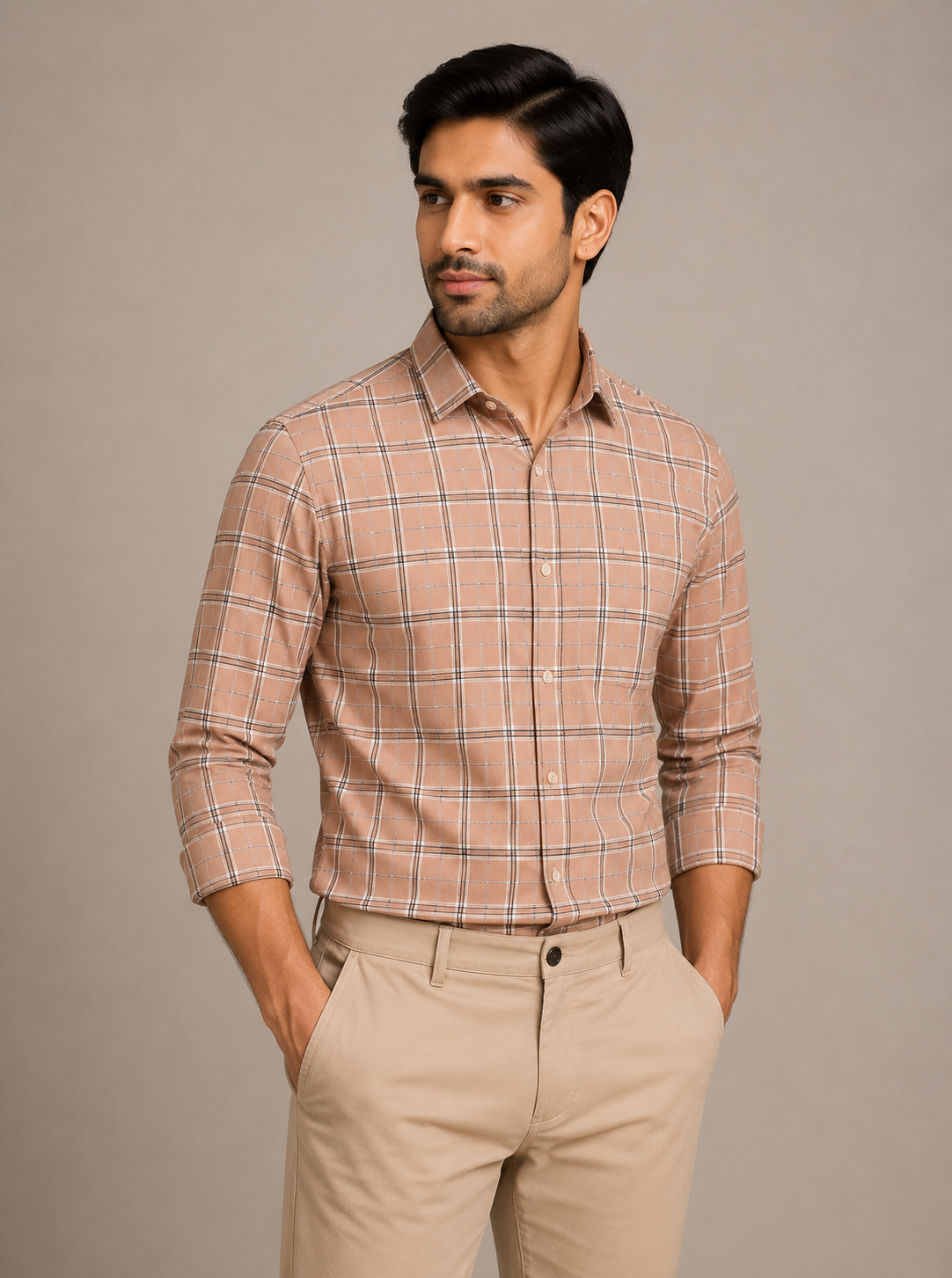 Raymond Unstitched Shirt Fabric 1.60 Meter Peach Beige Checked Premium Shirting Fabric