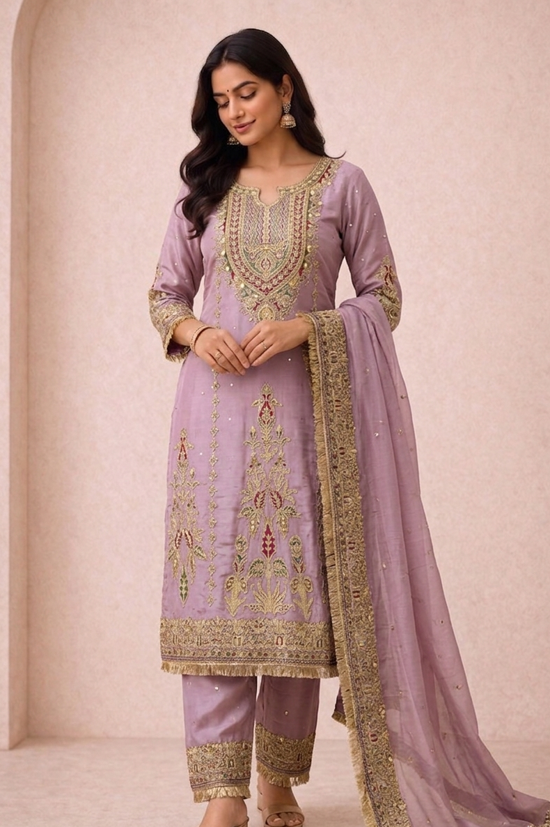 Woman wearing a lavender embroidered traditional outfit with gold details on a beige background