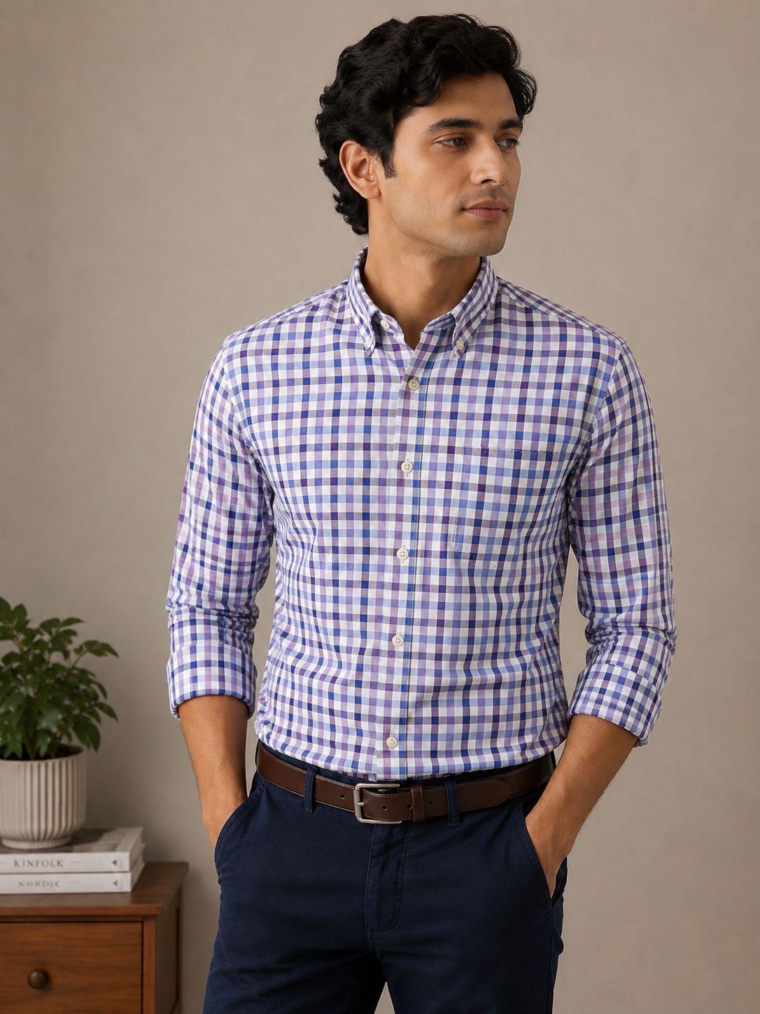 Raymond Purple & Blue Multi Check Unstitched Shirt Fabric 1.60 Meter Premium Cotton Blend