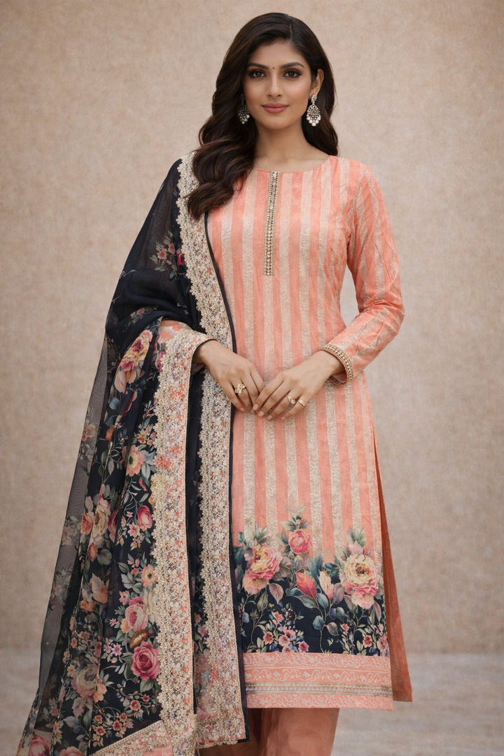 Peach Striped Crepe Unstitched Suit Fabric Set with Floral Border Dupatta