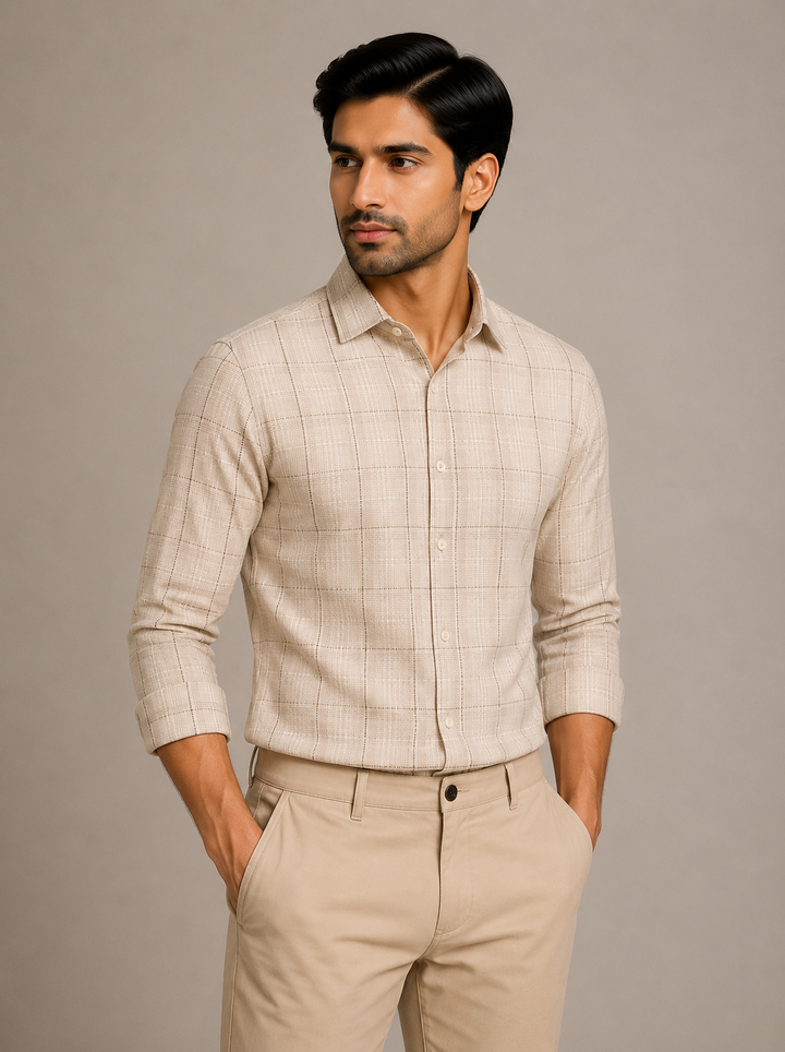 Raymond Unstitched Shirt Fabric 1.60 Meter Off White Textured Checked Premium Shirting Fabric