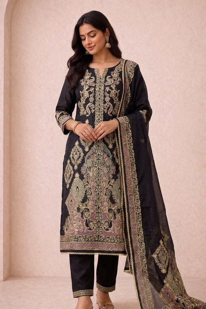 Woman wearing a black embroidered traditional outfit with a beige background