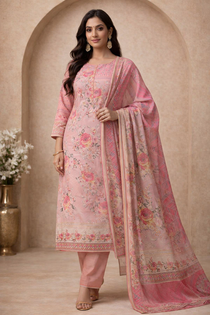 Pink Floral Premium Cotton Unstitched Suit Fabric Set with Printed Dupatta