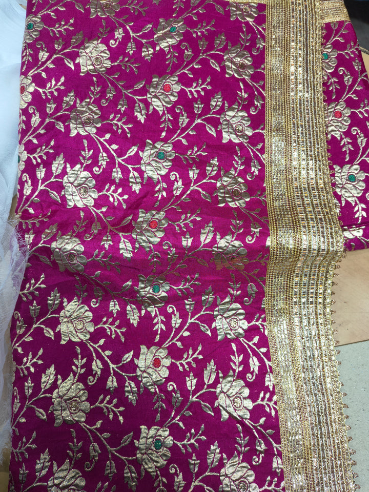 Premium Pink Floral Embroidered Rumala Sahib with Golden Border for Guru Granth Sahib Ji
