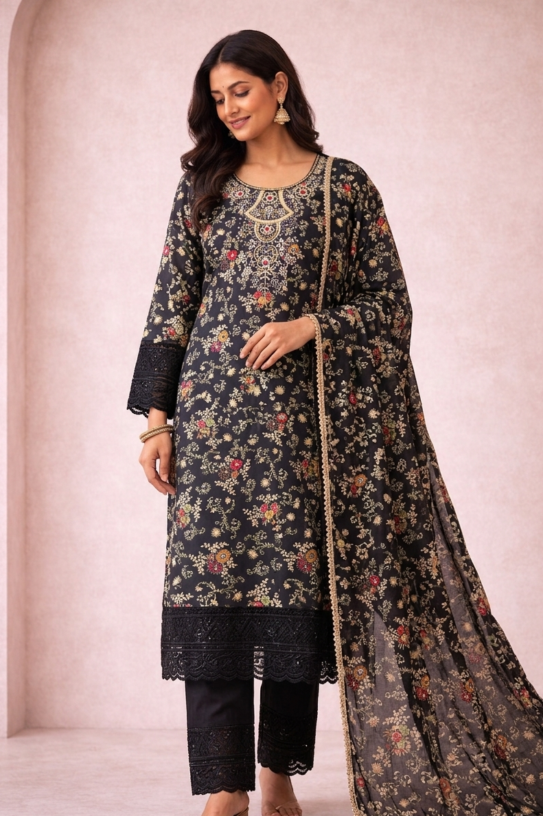 Woman wearing a floral embroidered outfit with a sheer dupatta against a light pink background