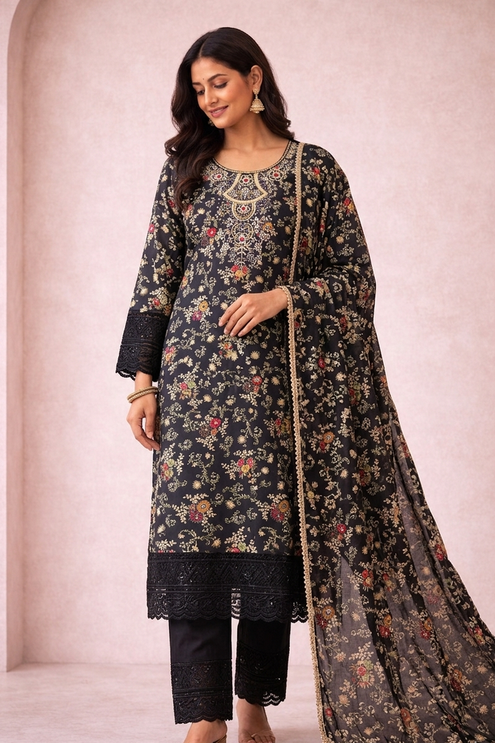 Woman wearing a floral embroidered outfit with a sheer dupatta against a light pink background