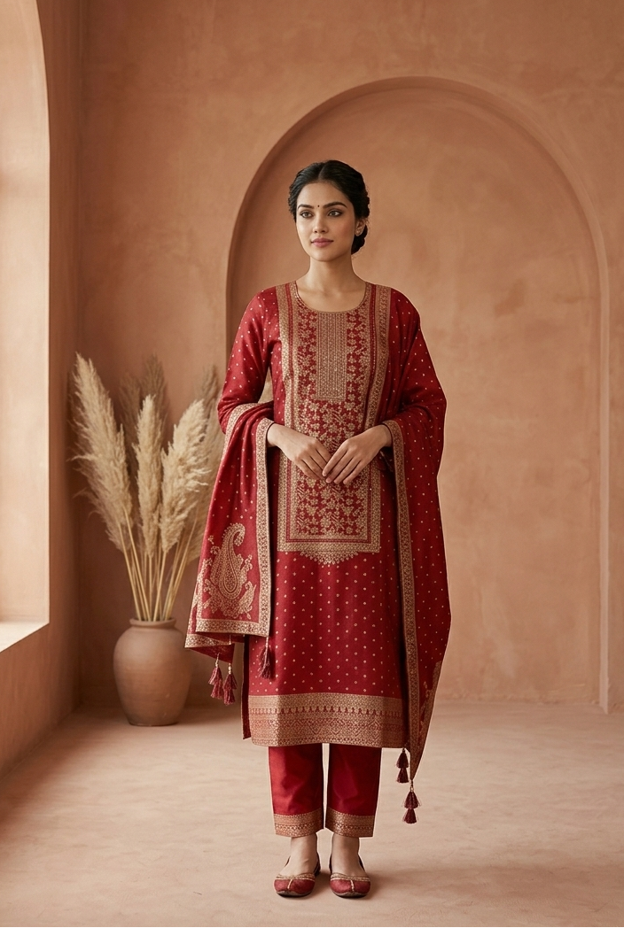 Woman in a red traditional outfit standing in a room with a warm color palette.