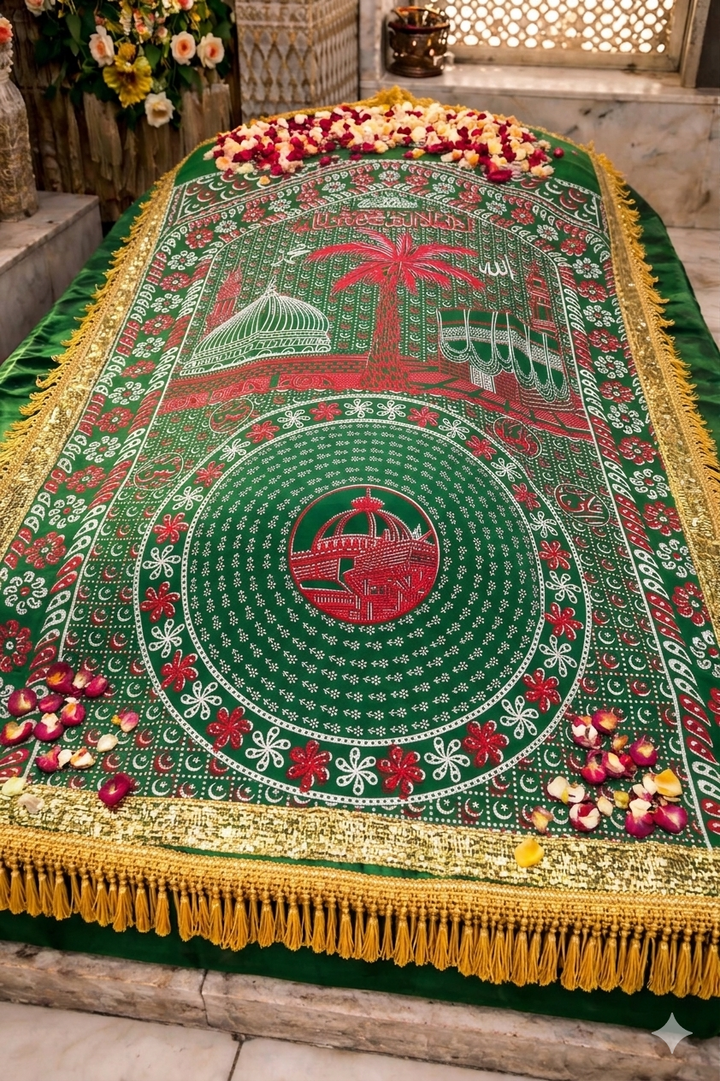 Islamic Printed Chadar Green Red Religious Cloth Kaaba & Madina Design