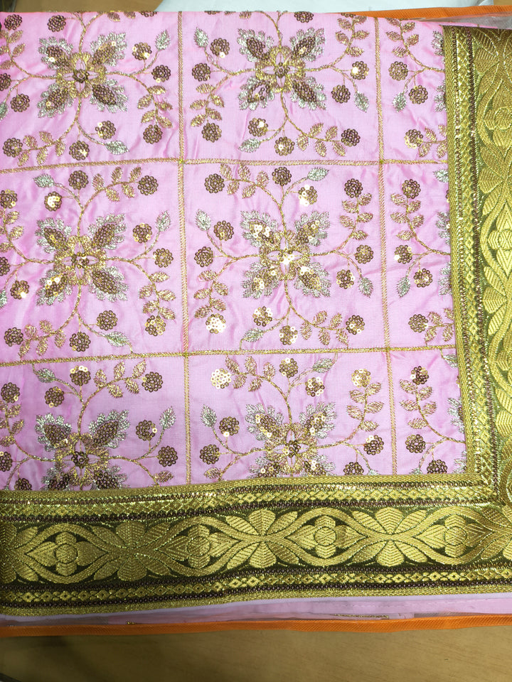 Premium Pink Floral Sequin Embroidered Rumala Sahib with Heavy Golden Border for Guru Granth Sahib Ji