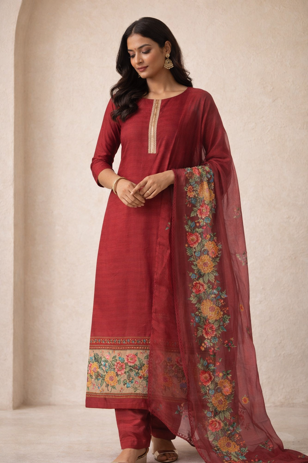 Rust Red Floral Print Cotton Unstitched Suit Fabric Set with Dupatta