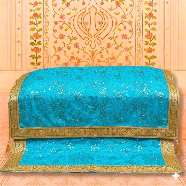 Premium Sky Blue Sequin Embroidered Rumala Sahib with Heavy Golden Border for Guru Granth Sahib Ji