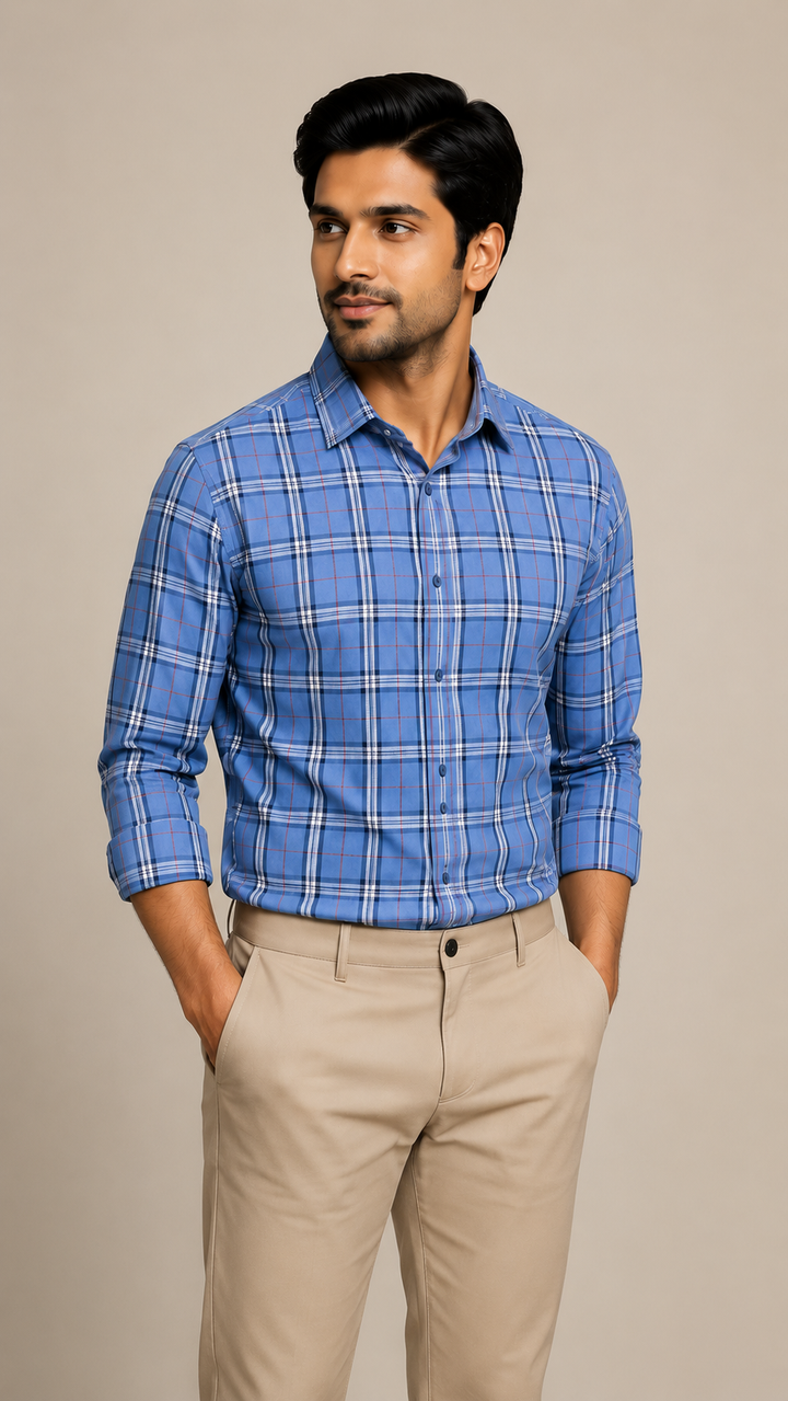 Raymond Unstitched Shirt Fabric 1.60 Meter Premium Blue Check Cotton Blend