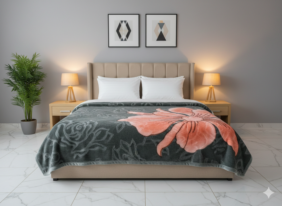 Soft Fleece Winter Blanket for Double Bed – Grey with Pink Floral Design
