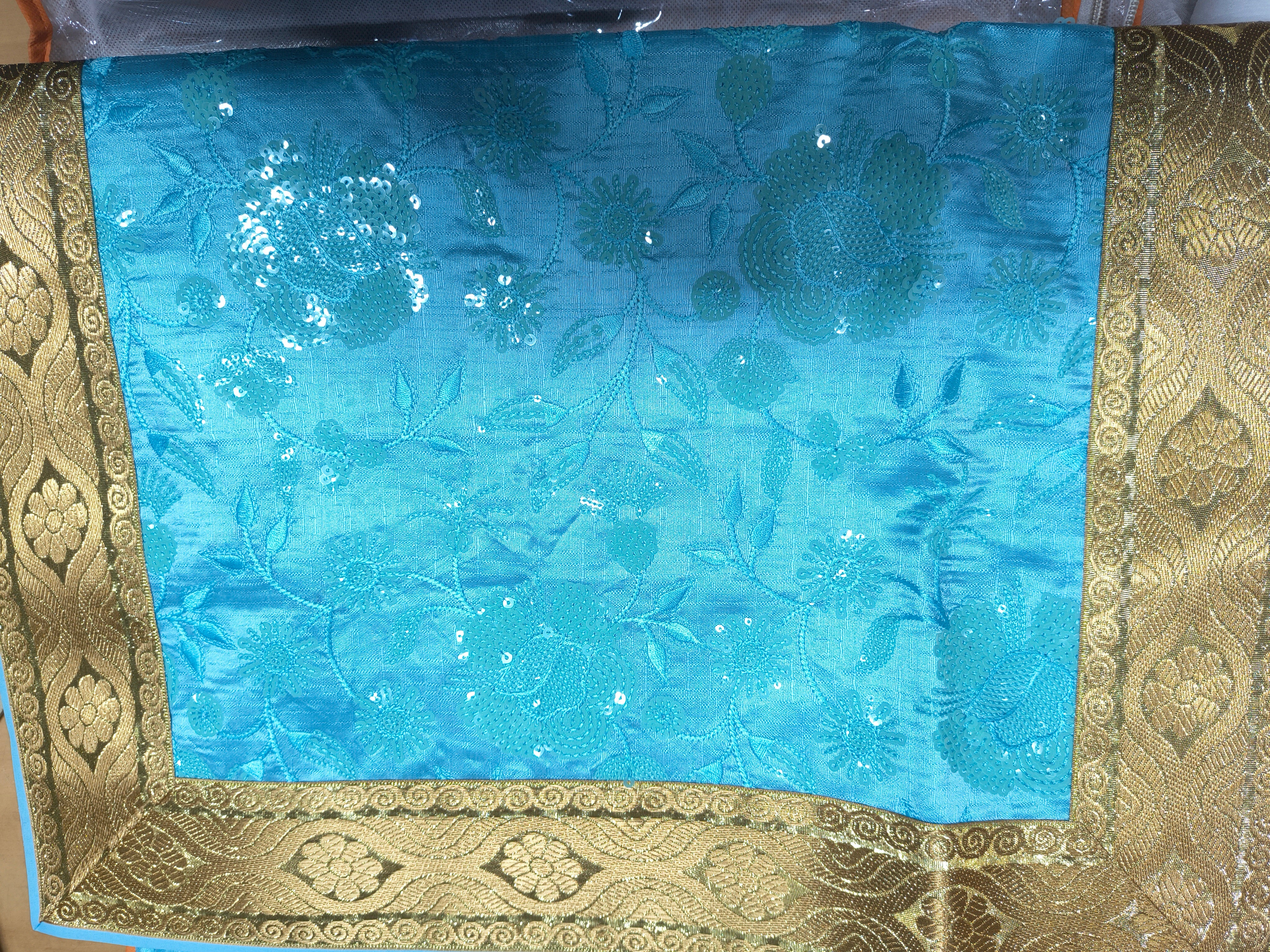 Premium Sky Blue Sequin Embroidered Rumala Sahib with Heavy Golden Border for Guru Granth Sahib Ji