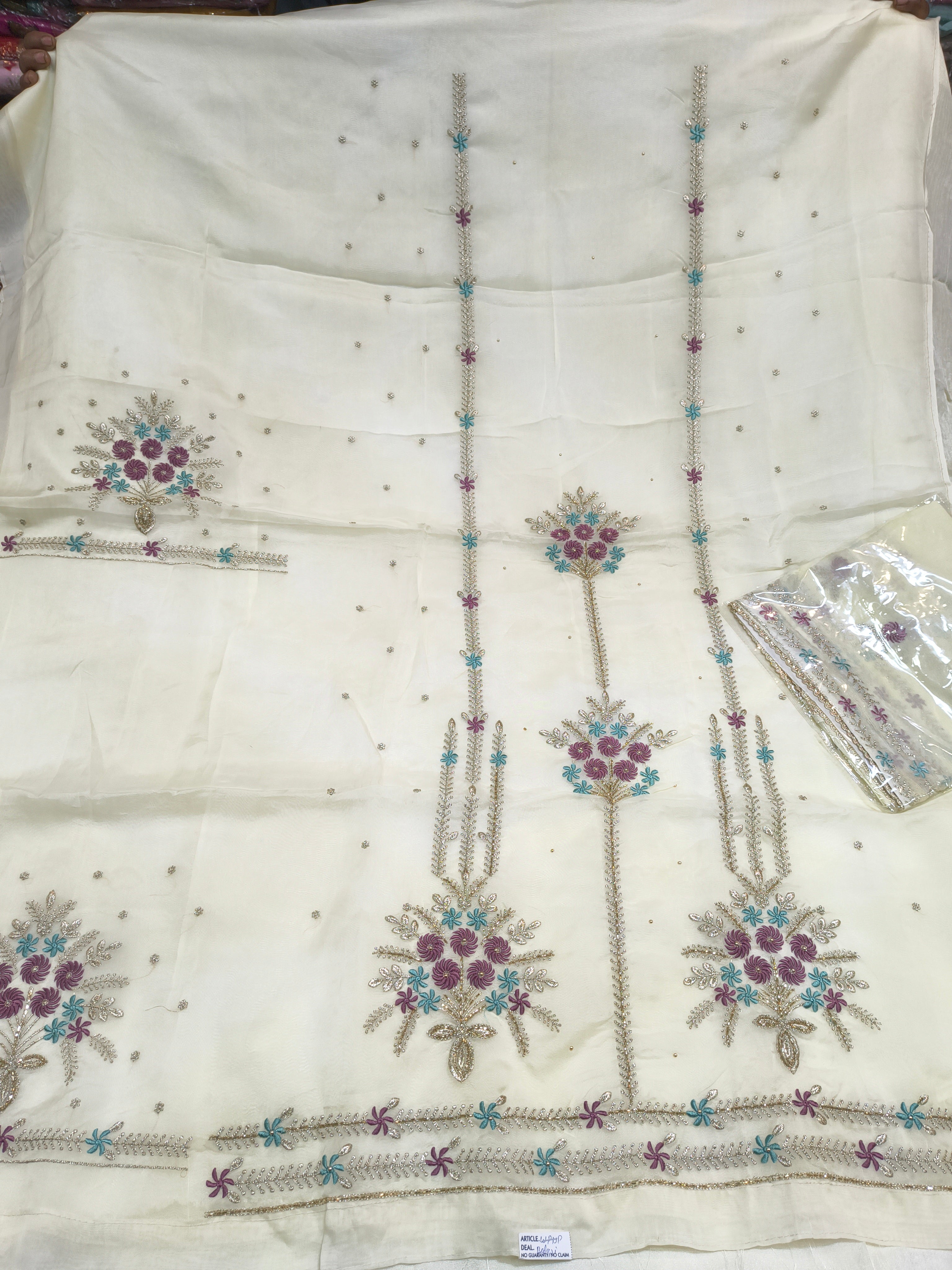 Off-White Embroidered Unstitched Ladies Suit Fabric with Dupatta