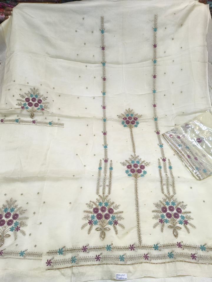 Off-White Embroidered Unstitched Ladies Suit Fabric with Dupatta