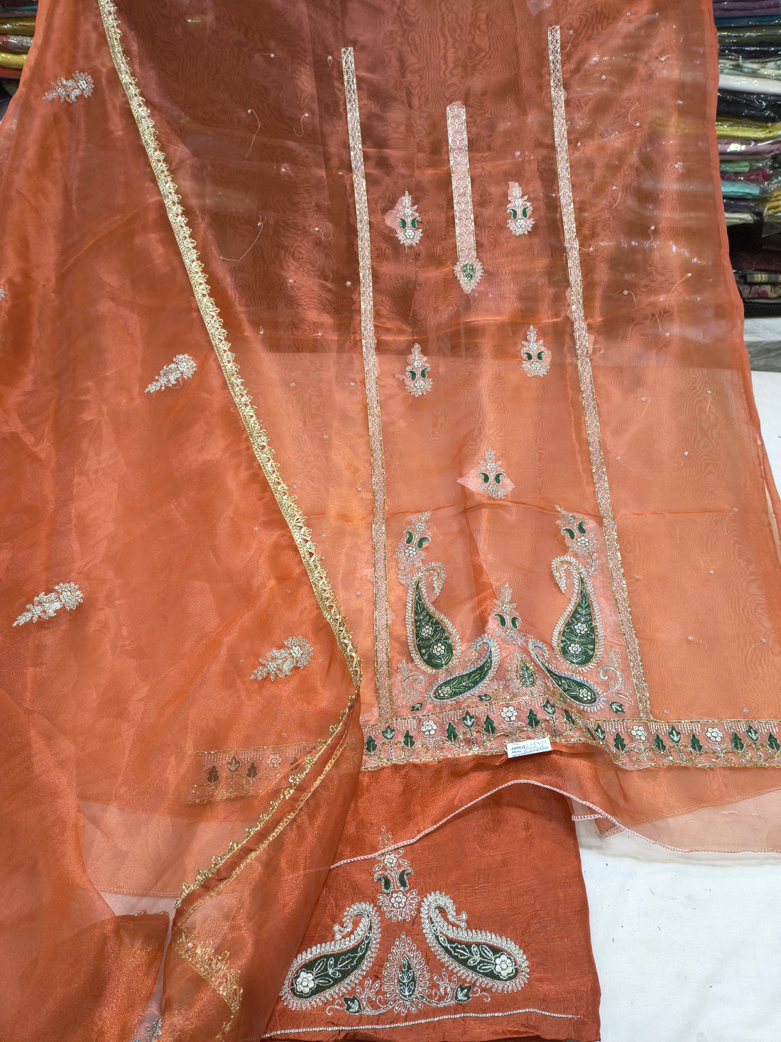 Rust Orange Embroidered Unstitched Ladies Suit Fabric with Dupatta
