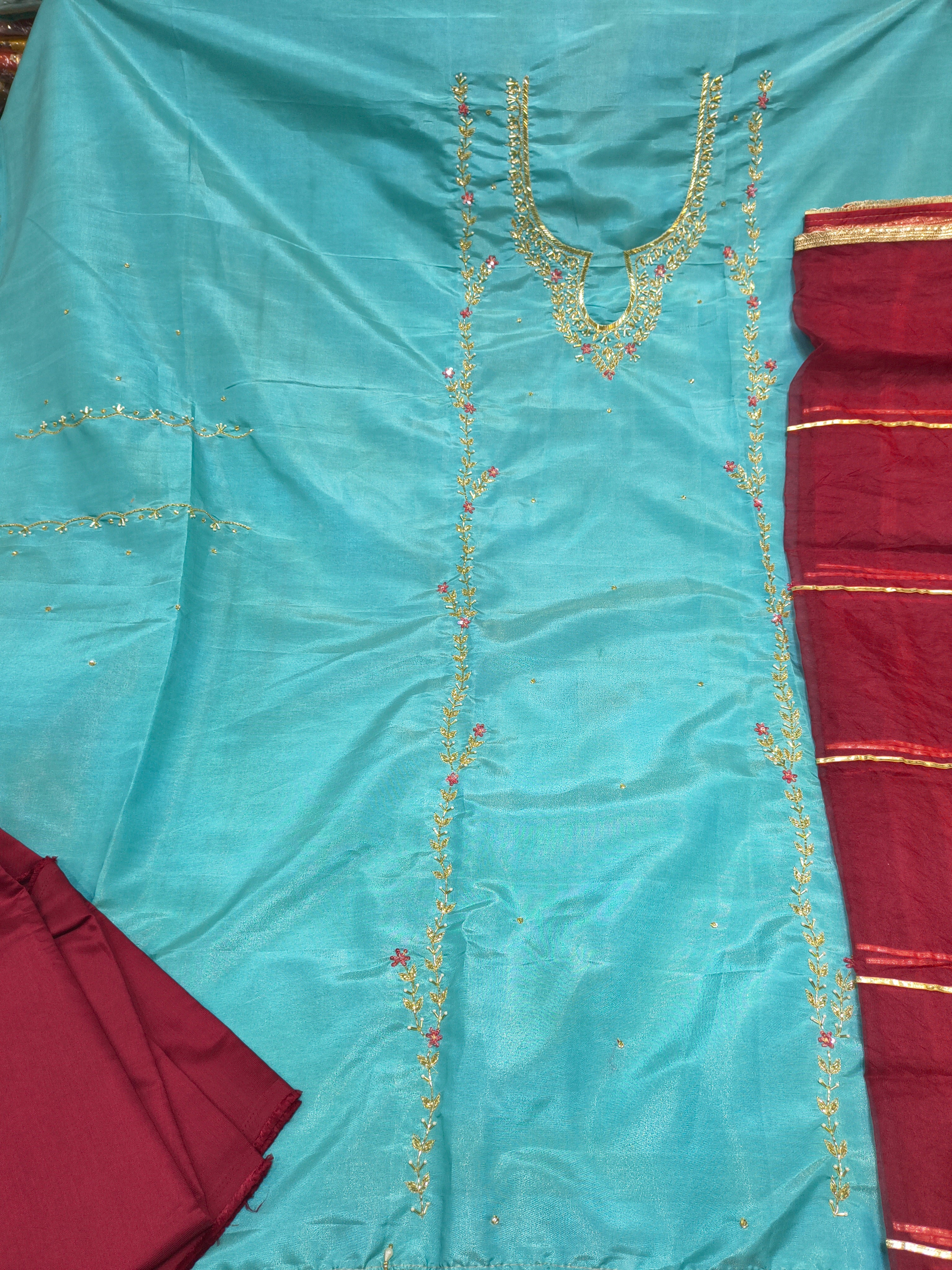 Sky Blue Embroidered Unstitched Ladies Suit Fabric with Maroon Dupatta