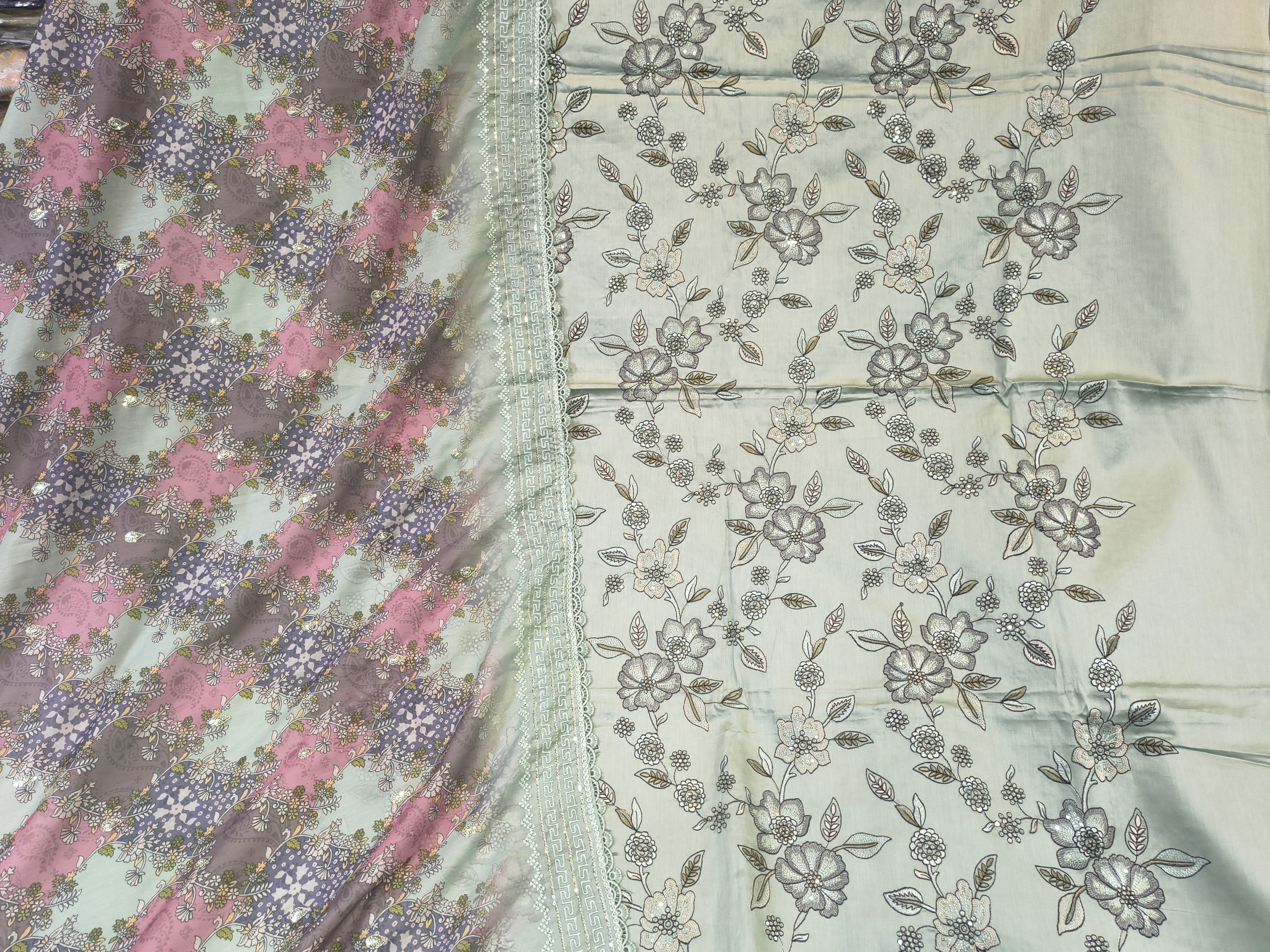 Premium Pista Green Floral Unstitched Suit Fabric Set