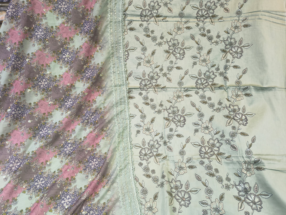 Premium Pista Green Floral Unstitched Suit Fabric Set