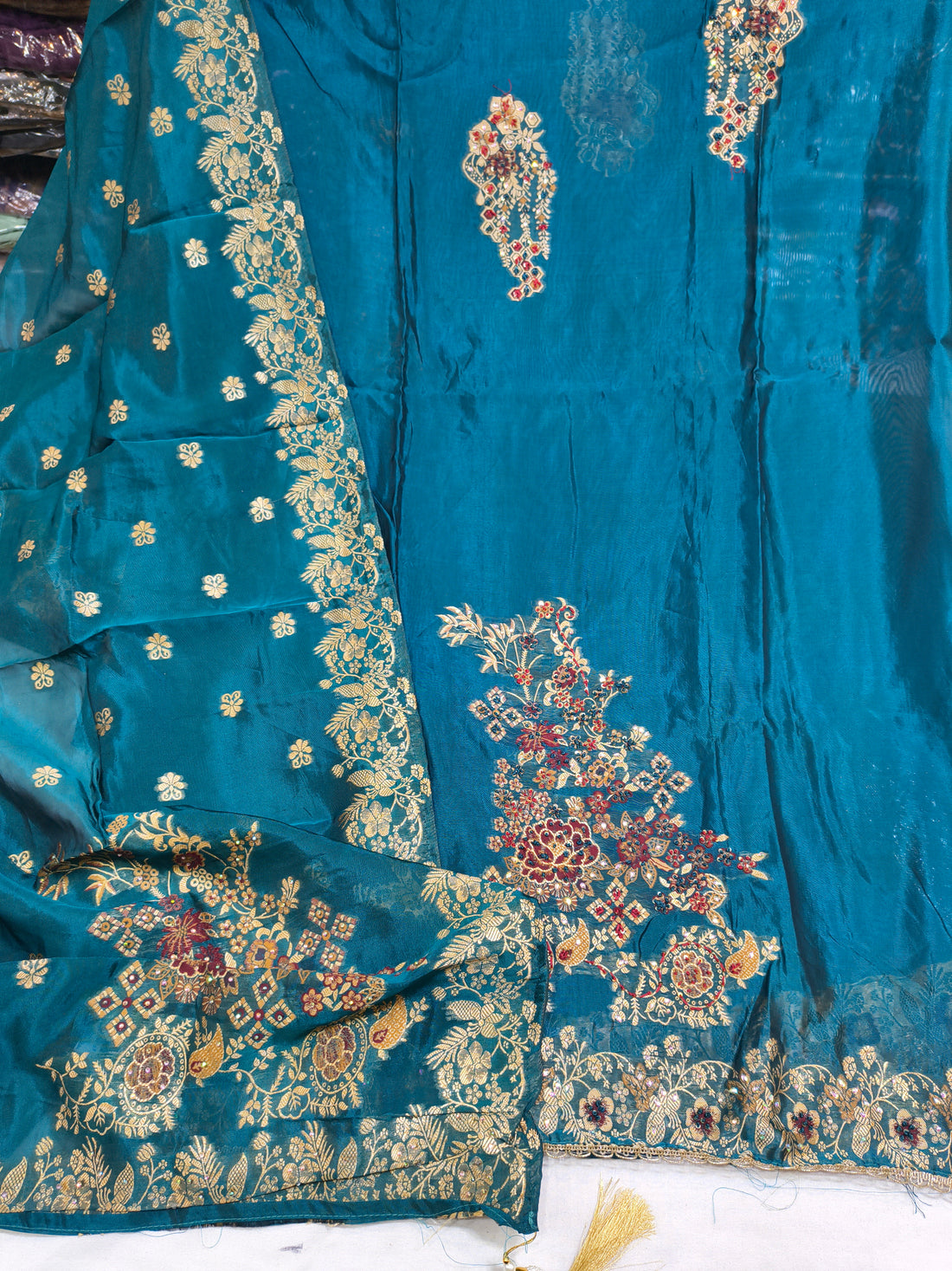 Firoji Blue Embroidered Unstitched Suit Set with Kheem Khaam Work & Crepe Dupatta