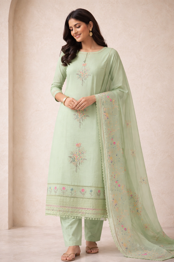 Pista Green Embroidered Cotton Unstitched Suit Fabric Set with Dupatta