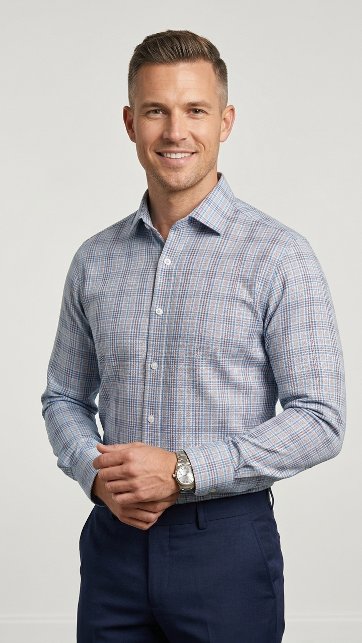 Man wearing a blue checkered shirt and navy pants against a white background