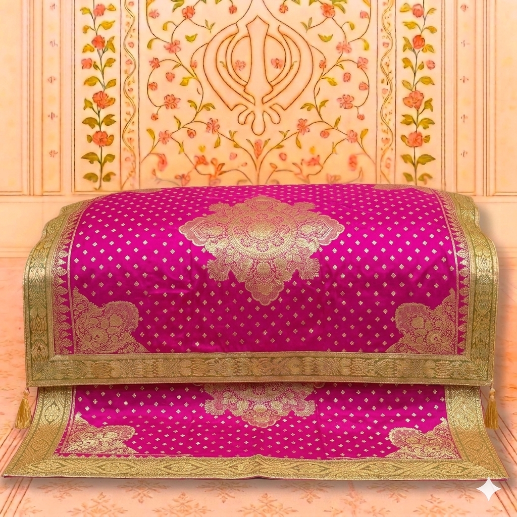 Premium Banarasi Pink Rumala Sahib with Rich Golden Zari Work for Guru Granth Sahib Ji