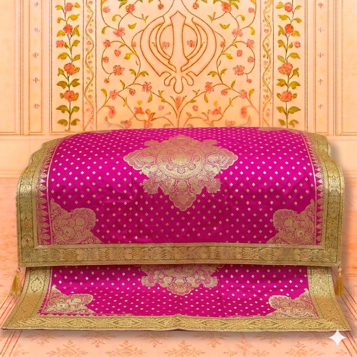 Premium Banarasi Pink Rumala Sahib with Rich Golden Zari Work for Guru Granth Sahib Ji