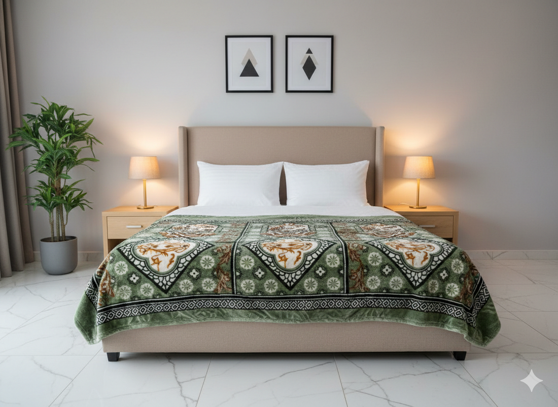 Premium Double Bed Fleece Winter Blanket – Green Traditional Design