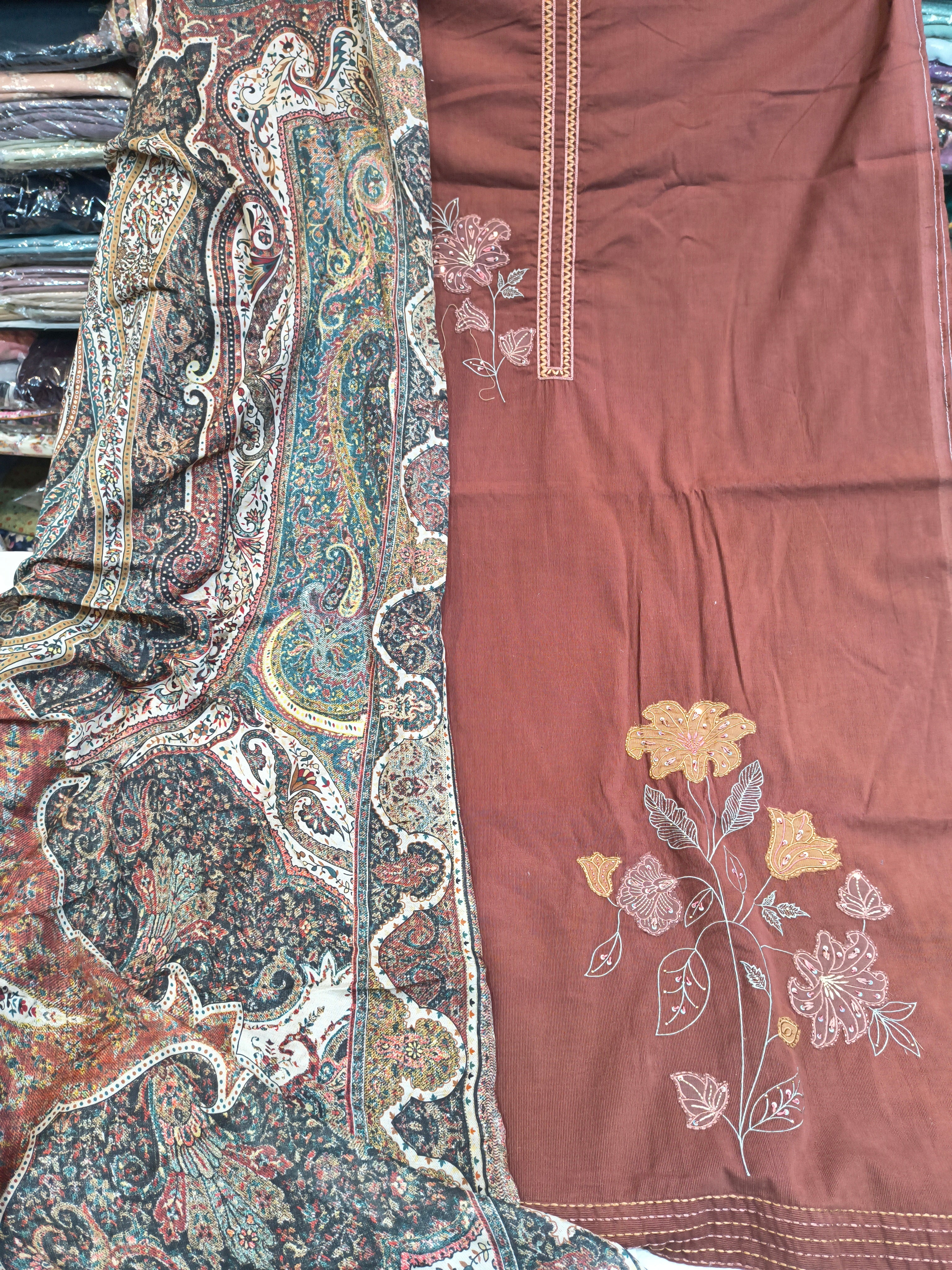 Brown Embroidered Unstitched Ladies Suit Fabric with Printed Dupatta