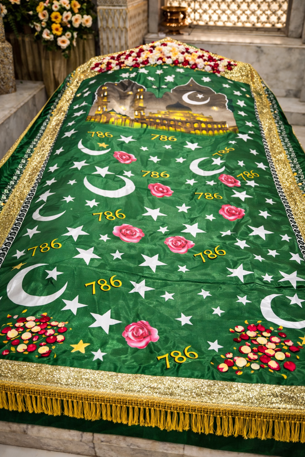 Islamic Chadar Green 786 Print with Mosque Design & Golden Border