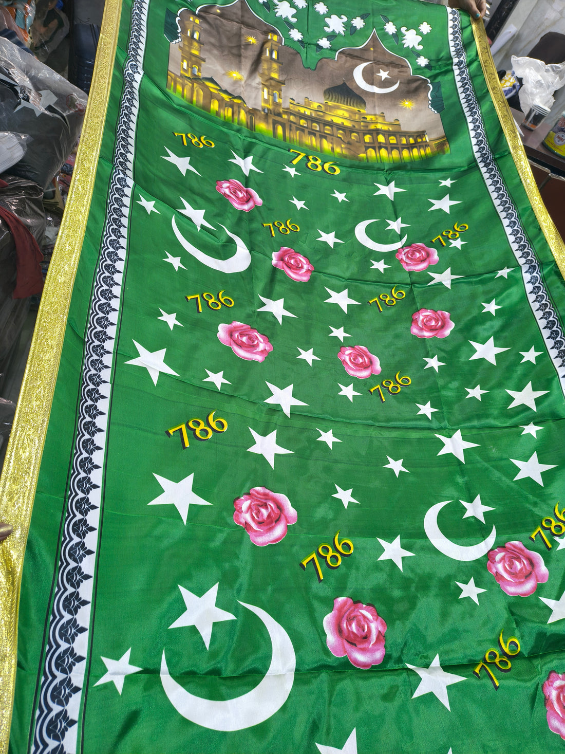 Islamic Chadar Green 786 Print with Mosque Design & Golden Border