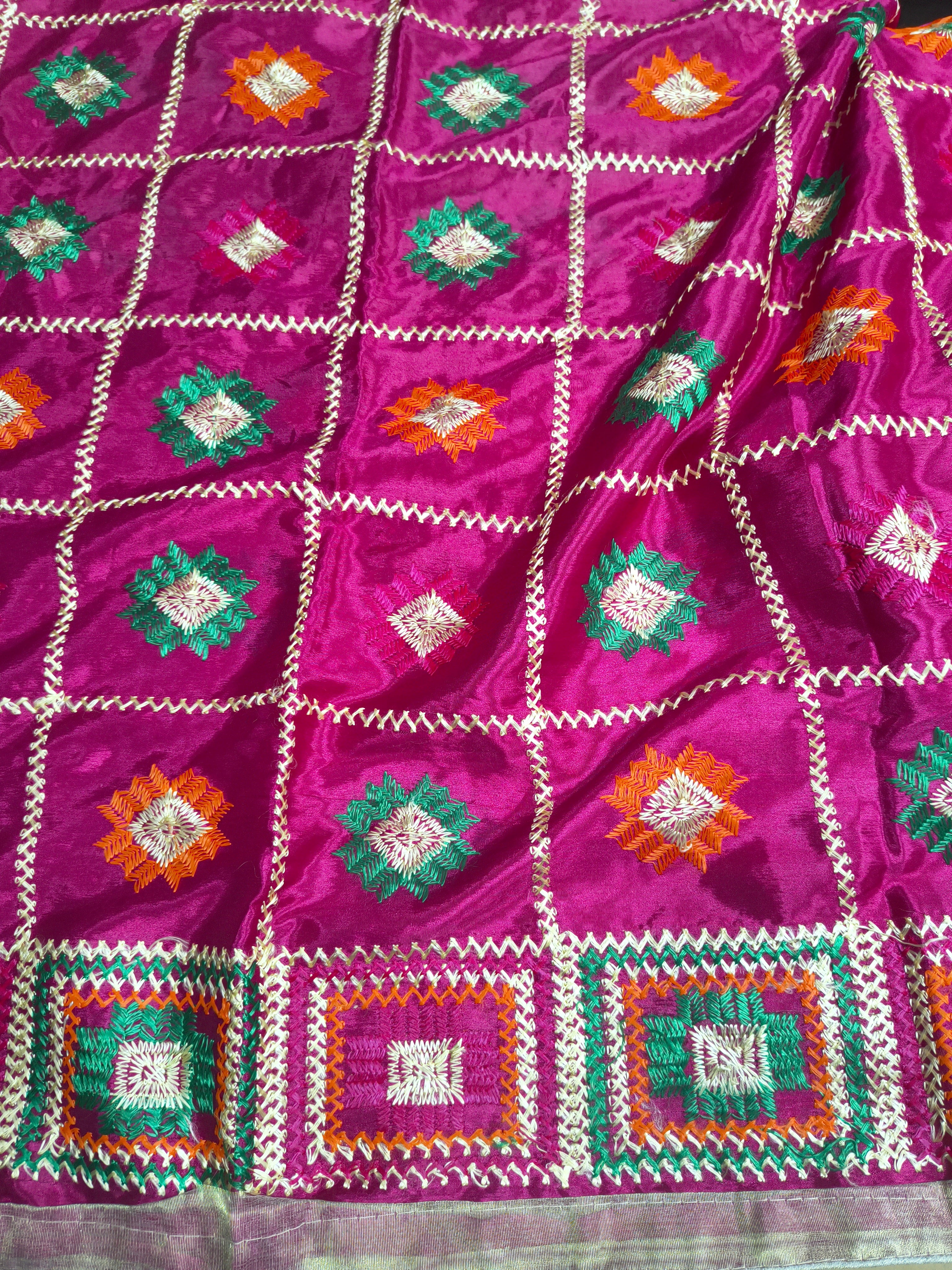 Magenta Phulkari Dupatta with Multicolor Thread Embroidery