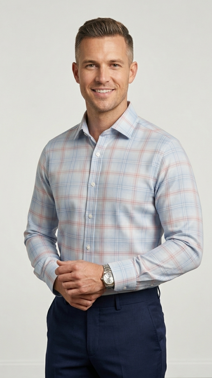 Man wearing a light blue plaid shirt and dark pants against a white background