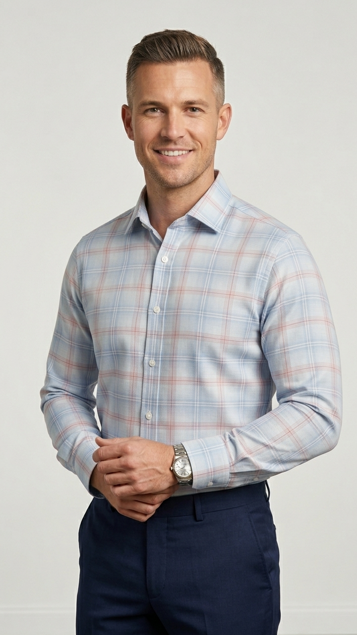 Man wearing a light blue plaid shirt and dark pants against a white background