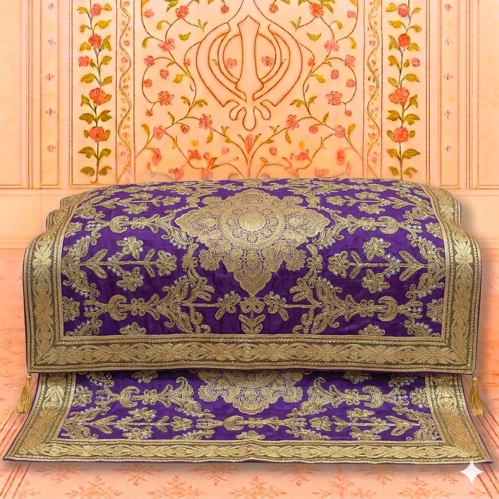Premium Purple Handwork Rumala Sahib with Heavy Golden Border for Guru Granth Sahib Ji