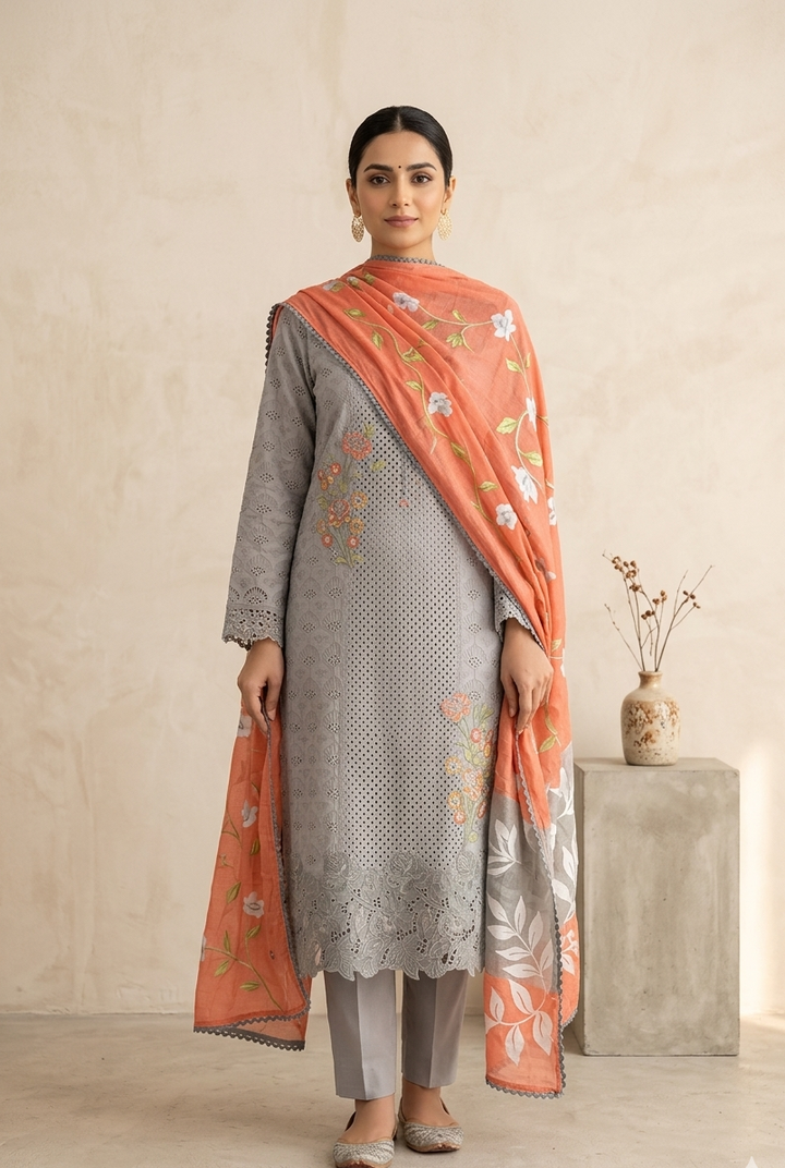 Grey Embroidered Cotton Unstitched Suit Fabric Set with Contrast Dupatta