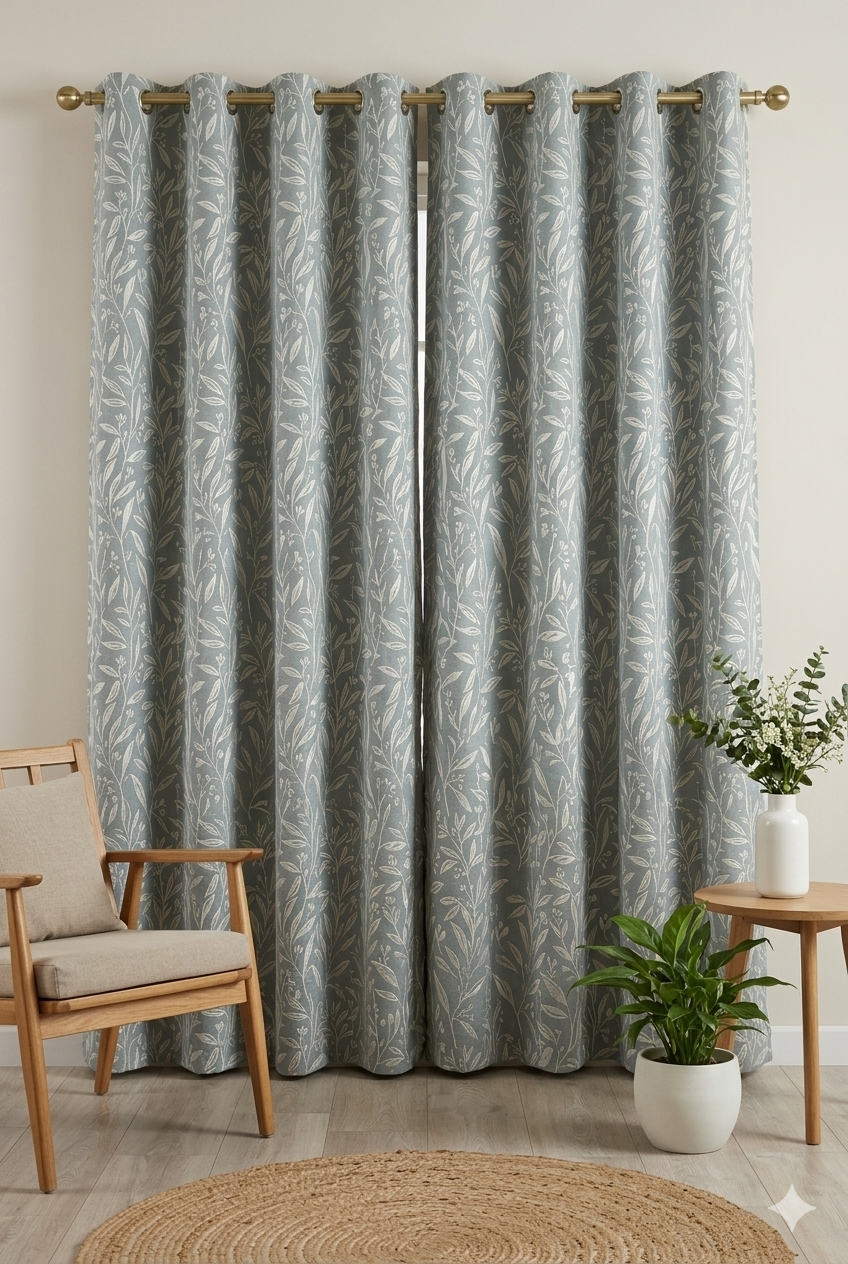 Green Leaf Pattern Curtain Fabric | Custom Length | Sold Per Metre